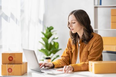 Küçük Girişim, KOBİ, Kadın Girişimci, kutu hazırlamak ve paket teslim etmek için online siparişleri almak ve doğrulamak için akıllı telefon veya tablet kullanır.