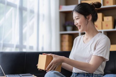 Küçük işletme kuruluşu, KME sahibi, internetten siparişleri kontrol eden iki Asyalı kadın mal satıp kutularla çalışıyor. Ev ofisinin internet sitesinde serbest çalışma