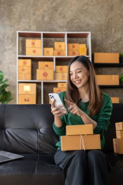 Neşeli gülümseme heyecanlı Asyalı kadın başarılı küçük işletme girişimcisi paket kutusu olan laptop kullanıyor, kadın ambalaj kutusuyla el kaldırıyor, online pazarlama KOBİ 'si