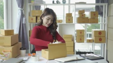 Mutlu Asyalı iş kadını satın alma emri ve hisse senedi almak için heyecanlanıyor. Ev ofisinde küçük bir dizüstü bilgisayarla çalışıyor. Küçük işletme sahibi çevrimiçi pazarlama, KME iş konsepti.