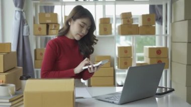 Mutlu Asyalı iş kadını satın alma emri ve hisse senedi almak için heyecanlanıyor. Ev ofisinde küçük bir dizüstü bilgisayarla çalışıyor. Küçük işletme sahibi çevrimiçi pazarlama, KME iş konsepti.
