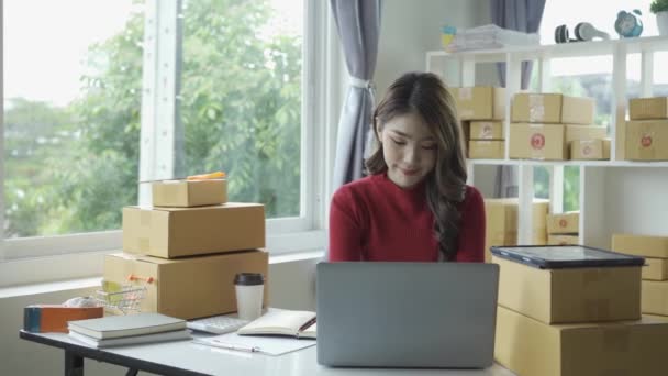 Glad Framgångsrik Asiatisk Affärskvinna Glada Att Inköpsorder Och Kontrollera Lager — Stockvideo