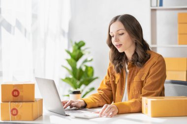 Dizüstü bilgisayarla çalışan kadın girişimci sarı paket kutusunda teslimatla online ev işine başlıyor. KME iş fikri