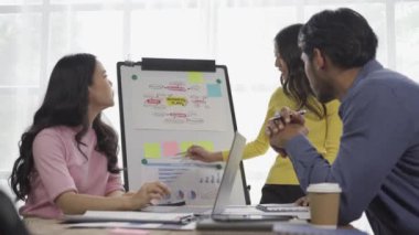 İş planlarıyla ilgili bir toplantıda çalışan bir grup Asyalı işadamı iş konferansı odasında finansal belgeleri paylaşan insanlarla birlikte dizüstü bilgisayarlardan finansal çizelgeleri sunup açıkladılar..