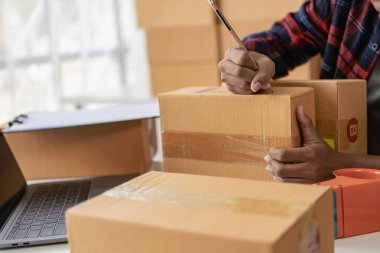 KOBİ tedarik zincirinde dizüstü bilgisayarı ve paket kutuları olan güzel bir Asyalı girişim sahibi, omnichannel satın alma ya da çevrimiçi satış fikri. Yakın plan resimler.