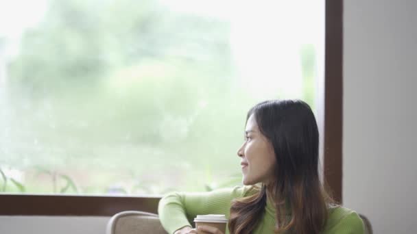 Relaxado Jovem Mulher Asiática Desfrutando Relaxamento Sofá Confortável Casa Calma — Vídeo de Stock