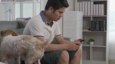 Evdeki oturma odasında kanepede otururken cep telefonu kullanan mutlu Asyalı genç adam. Ve evdeki cep telefonundan konuş ve rahatla. Futbol maçlarını izlemenin tadını çıkar.