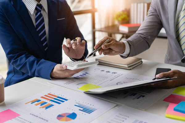 Financial meeting, teamwork for company growth concept investment data analysis or office budget planning