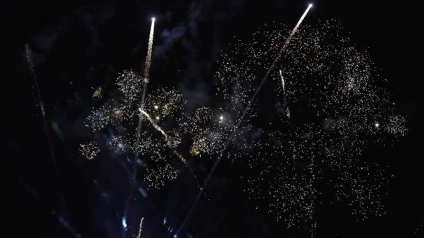 4Kリアル花火バックグラウンド 夜空にボケが点灯する美しい輝く黄金の花火 大晦日のお祝い スローモーション — ストック動画