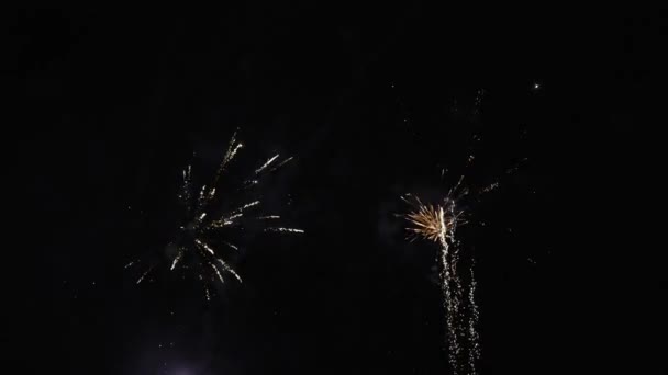 4K真正的焰火背景模糊了美丽的金色焰火的形象 夜空中灯火通明 除夕庆祝 动作缓慢 — 图库视频影像