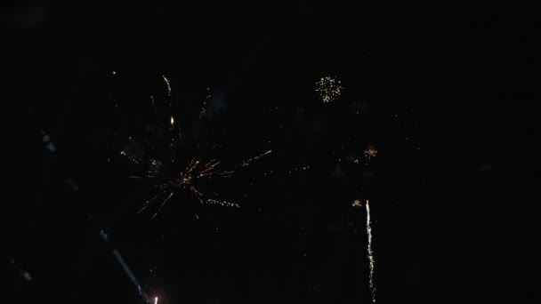 4Kリアル花火バックグラウンド 夜空にボケが点灯する美しい輝く黄金の花火 大晦日のお祝い スローモーション — ストック動画