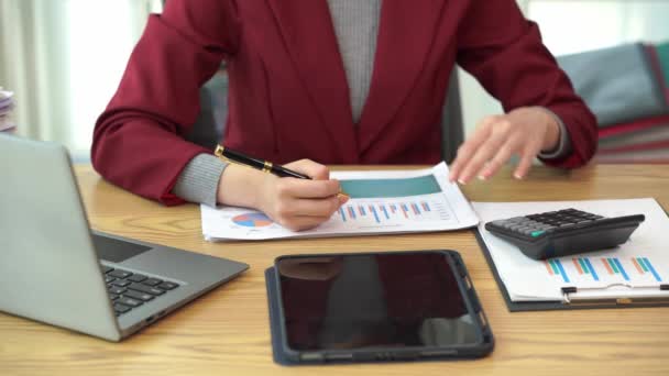 Businesswoman Reads Documents While Working Accounting Documents Analyzing Financial Budget — Stock Video