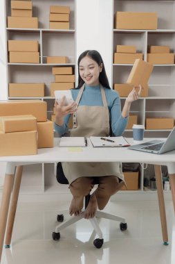 Posta paketi. Çevrimiçi satış. KOBİ başlangıç konsepti. Bağımsız Asyalı kadın küçük işletme girişimcisi. Önlük takıyor. İnternetten yemek sipariş etmek için laptop ve kutu kullanıyor. KME iş dikey resmi