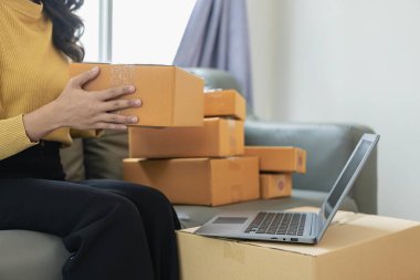 Küçük işletme girişimi, KOBİ sahibi, fatura kutuları üzerinde çalışan kadın girişimci ve çevrimiçi siparişleri kontrol eden, müşterilere satılacak kutuları paketlemeye hazırlanmak için dizüstü bilgisayar. Yakın plan fotoğraf.