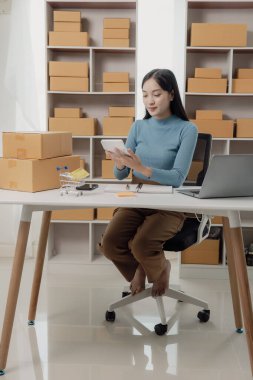 Küçük işletme sahibi Asyalı kadın evde kutular ve dizüstü bilgisayar perakende pazarı, iş ve satışlar, çevrimiçi pazarlama, KOBİ ekommerce kavramları, dikey görüntü