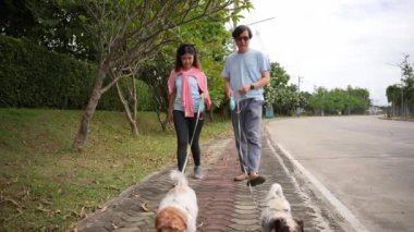 Yaşlı bir çift, küçük köpekleriyle parkta bir patikada yürüyor, köpekle birlikte doğada dinleniyorlar. Yaşlı erkek ve kadının tüm vücudu şık ve modaya uygun.