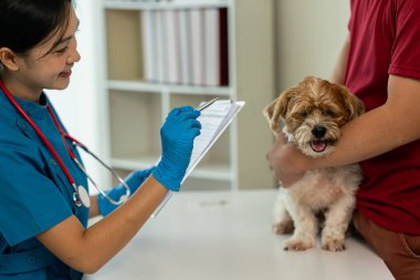 Veterinerler köpeklerin sağlığını incelemek ve solunum ve kalp hastalıklarını teşhis etmek için stetoskop kullanırlar. Hastanedeki köpeklerin sağlığını kontrol edin.