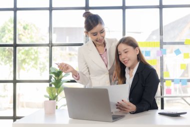 İki kadın konuşur, tartışır, yeni proje fikirleri üzerinde çalışır. Başarı sağlamak için pazarlama planlarını ve iş yatırımlarını analiz edin.