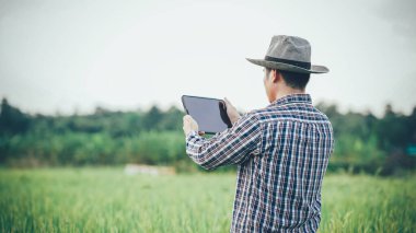 Tarladaki mutlu Asyalı erkek çiftçi bir şapka takın ve bitkilerin büyümesini ve hastalıklarını takip etmek için akıllı bir tablet taşıyın. Zeki çiftçilerin teknolojiyi kullanması.