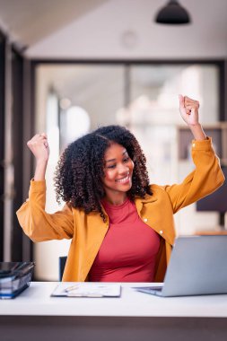 Genç bir kadın zafer için kollarını kaldırıyor dizüstü bilgisayar ve finansal grafik belgesi önünde poz veriyor, hedefe ulaşıldı. Proje tamamlandı