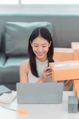 Asyalı kadın, serbest çalışan, KOBİ, çevrimiçi alışveriş işi, kontrol listesi ve karton kutu ürünlerine göre çalışma, çevrimiçi pazarlama girişimcisi. Dikey resim.