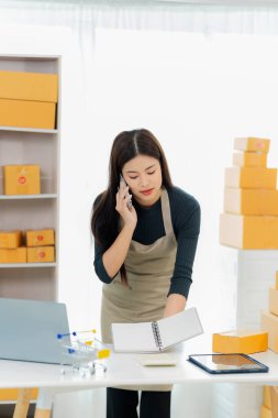 Çevrimiçi KOBİ İş Fikirleri Küçük İş KOBİ işletme sahibi Asyalı bayan girişimci müşterilere satacak kutular hazırlamak için kutu kutu ve çevrimiçi siparişleri kontrol ediyor. Dikey resim.