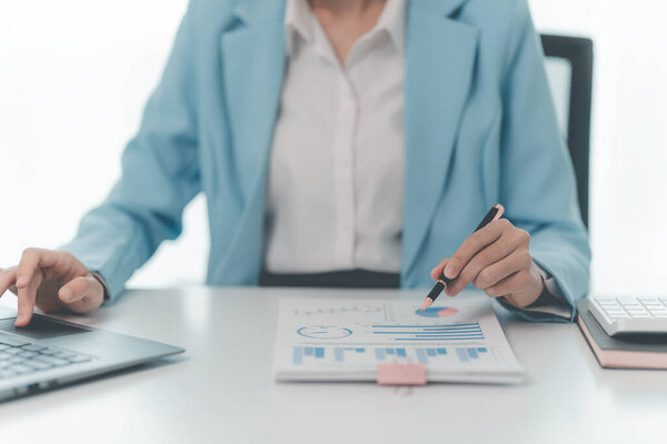 Accountant looking at chart Financial development graph, bank account, statistics, economy, data analysis, investment, stock market, close-up image