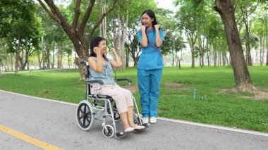 Tekerlekli sandalyede oturan ve parkta kadın bir hemşire tarafından bakılan yaşlı bir kadın. Doğal terapi konsepti. Ya da yaşlıların bakıcıları.