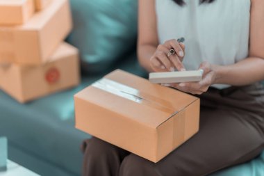 Küçük işletme girişimi, Asyalı kadınların online siparişleri kontrol etmesi, kutularla çalışan ürünleri satması, Ev ve Ofisten serbest çalışma, Çevrimiçi KOBİ işi, Kapat