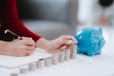 Genç bir kadın birikimlerini bozuk paralarla ve kumbarayla kaydediyor. Bütçesini evde bir deftere yazıyor. Yanında da bir kumbara ve bir yığın bozuk para var..
