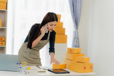 Genç Asyalı kız evde kendi işi olan bir serbest çalışan. Dizüstü bilgisayarla çalışan genç kadın, KOBİ işine çevrimiçi satış, pazarlama, paketleme, teslimat, KOBİ ve e-ticaret konseptiyle başladı.