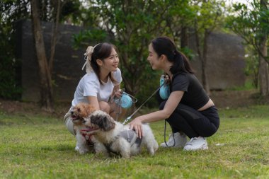 İki Asyalı kadın ve iki köpek açık havada eğleniyorlar. İnsanlar ve evcil hayvanları arasındaki arkadaşlık. Yüksek kalite.