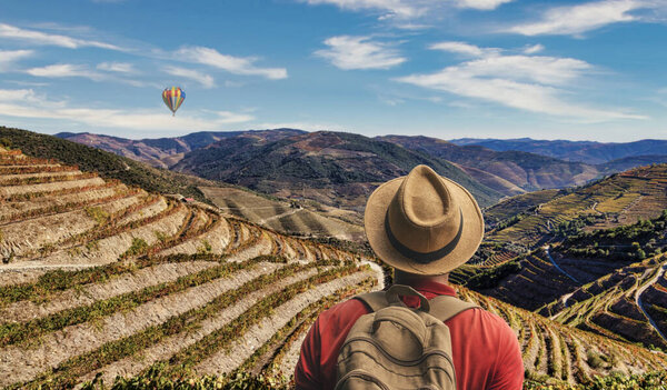 Traveler man relaxing with a view of the Douro valley vineyards landscape - Port wine grape