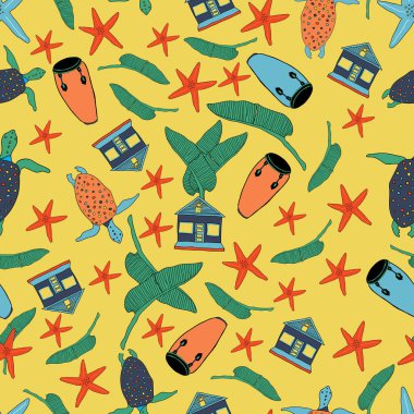 Caribbean folk art with turtles, house, and drums on yellow background. Illustration. Great for clothing, home decoration, accessories, stationary and childrens clothing.