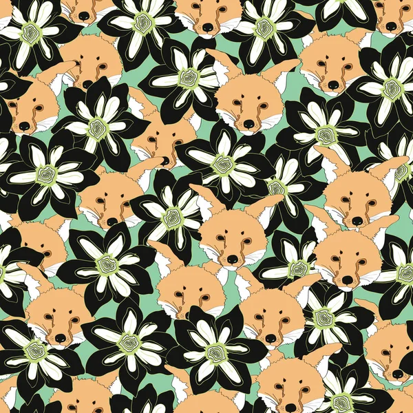 Retrato Fox Con Flores Primaverales Sobre Fondo Verde Ilustración Ideal — Vector de stock