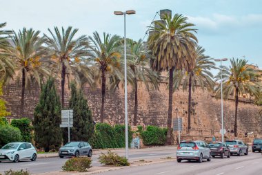 Palma de Mallorca, İspanya, 4 Nisan 2022 - Mallorca 'da bulutlu bir günde arabalı ve palmiye ağaçlı cadde