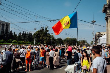 Chisinau, Republic of Moldova, 27th August 2022 - People gathered and National fanfare  in the Great National Assembly Square for National Day with flags