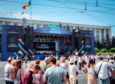 Chisinau, Republic of Moldova, 27th August 2022 - People gathered and National fanfare next to stage in the Great National Assembly Square for National Day