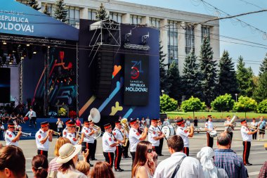 Chisinau, Republic of Moldova, 27th August 2022 - People gathered and National fanfare next to stage in the Great National Assembly Square for National Day
