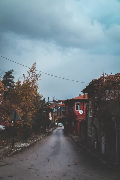 Kleine Gemütliche Straße Herbst Mit Abgefallenem Laub Und Kleinen Häusern — Stockfoto