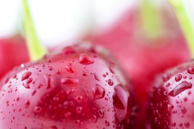 Taze kırmızı kirazlar damlalar halinde suyla kaplanıyor..