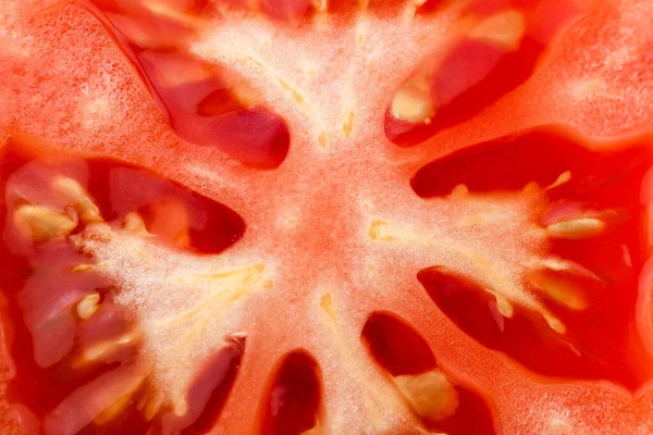 Tomato Slice Macro Natural Background Juicy Red Tomato Slice Closeup — Stock Photo, Image