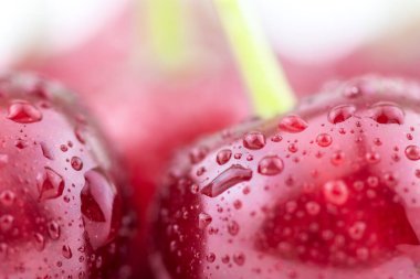 Kiraz arkaplanı. Taze kırmızı kirazlar damlalar halinde suyla kaplanıyor.