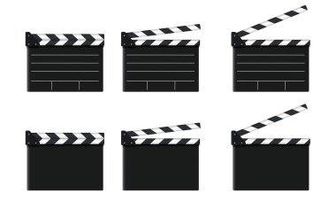 Boş film tahtası izole edildi. Açık ve kapalı siyah boş film clap film alkış tahtası seti
