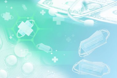 Amerikan doları ve steteskopu olan tıbbi teknoloji. İnternet ücretli ilaç kavramı, dijital finansal güvenlik