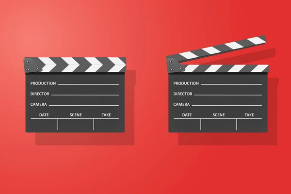 Blank film slate open and closed on red background. Movie, cinema, film symbol concept
