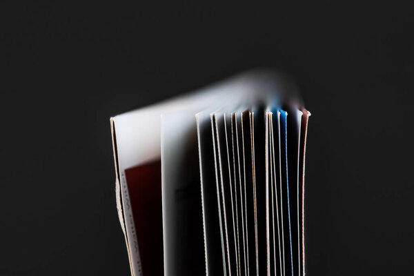 Closeup of open book pages on dark background