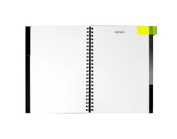Cuaderno Espiral Abierto Con Marcador Página Amarilla Aislado Blanco Páginas — Foto de Stock