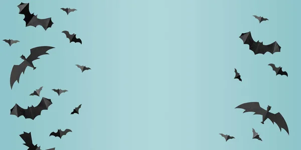 Conceito Halloween Papelaria Preta Voando Morcegos Azul Flat Lay Espaço — Fotografia de Stock