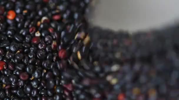Misture Sementes Quinoa Preta Com Uma Colher Visão Superior Foco — Vídeo de Stock